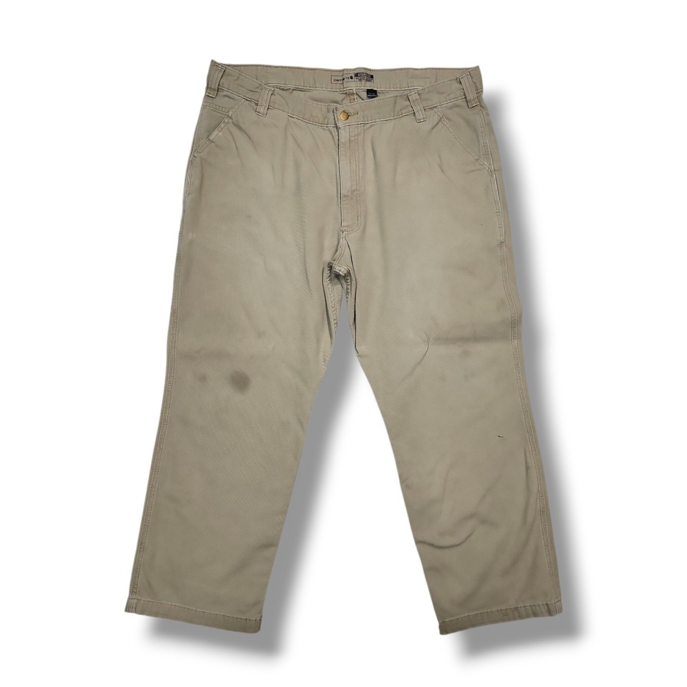 Carhartt Rugged Flex Relaxed Fit Beige Canvas Work Pants Men's 42x30 Distressed